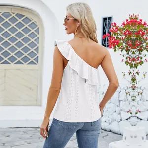 Back view of a white one-shoulder tank top with ruffled detail and eyelet fabric