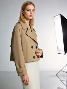 Women Short Trench Coat Cropped Wool Blend Double Breasted Lapel Jacket Long Sleeve Loose Casual Outerwear Autumn Top