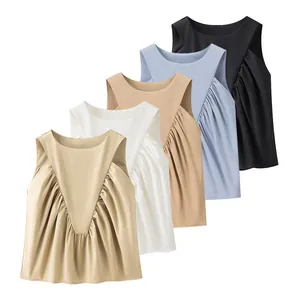 2025 Summer stylish sleeveless pleated tank tops for women in multi-color solid set