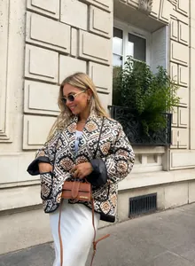 Detail of 2025 winter printed quilted jacket with ethnic pattern and loose fit