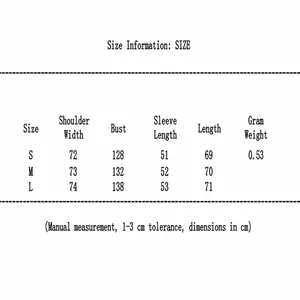 Detailed size chart for printed kimono cotton jacket with measurements in cm for S-L