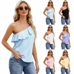 One Shoulder Ruffle Tank Top Women Summer Solid Color Shirred Eyelet Embroidery Top Rayon Polyester Spandex Sleeveless Casual Top