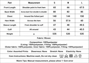 Size chart and material specification for women's loose quilted padded jacket