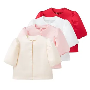 Women's Fashion Satin Puff Sleeve Loose Crop Top Round Neck Hook And Eye Closure Polyester Blouse Short Sleeve Casual Top