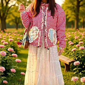 Women Street Fashion Plaid Patchwork Padded Jacket Autumn Winter Chenille Heart Pocket Lace Trim Warm Short Padded Coat Top