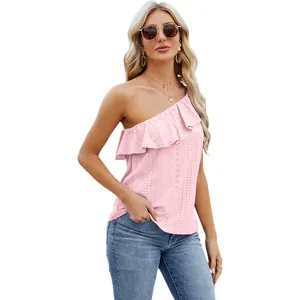 Elegant pink one-shoulder ruffle top for women, perfect for stylish summer casual wear.