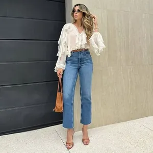 Elegant white V-neck layered ruffle blouse for women in casual spring street style