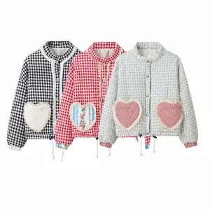 Women's stylish gingham cotton jacket with heart-shaped pockets and lace patchwork