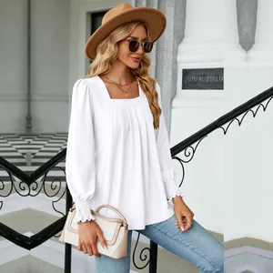 Elegant white square neck jacquard long-sleeved blouse for women, autumn fashion style