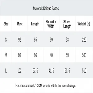 Detailed size guide for knitted blazer with chest and length measurements for sizes S to L.
