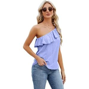 Lavender one shoulder ruffle eyelet tank top for women stylish summer fashion outfit