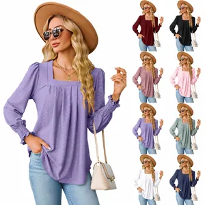 Women Western Style Square Neck Jacquard Long Sleeve T-Shirt Pleated Smocked Cuffs Solid Color Swallowtail Top Elegant Casual Autumn Tee