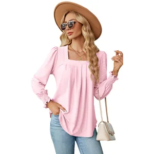 Elegant pink square neck long sleeve jacquard pleated T-shirt for women, fall style