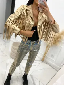 Close-up of a gold metallic leather jacket with dramatic fringe detailing and lapel collar