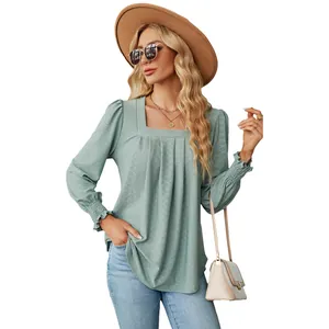 Elegant sage green jacquard pleated square neck long sleeve blouse for women