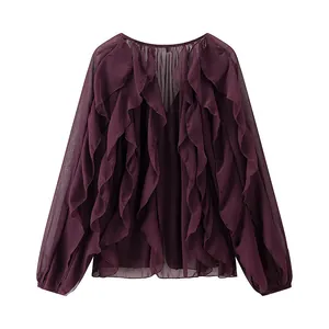 Elegant burgundy V-neck chiffon blouse with layered decorative ruffles and long sleeves