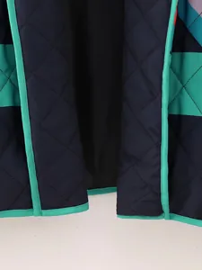Close-up of quilted diamond pattern and teal piping on an African style patchwork jacket
