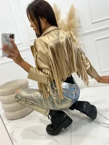 Back view detail of metallic gold jacket featuring long fringes on sleeves and back