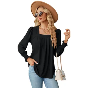 Elegant black square neck long sleeve top with pleated jacquard texture for women