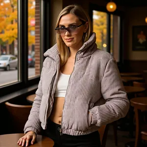 Damen Cordsamt Wattierte Jacke Kurz Schlanke Passform Langarm Stehkragen Streetwear Reißverschluss Oberbekleidung Mantel Herbst Winter Lässig Warm Top