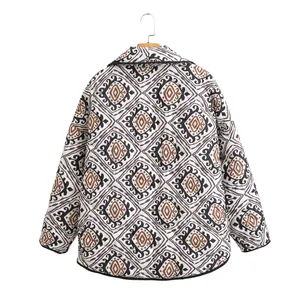 Back view of a quilted jacket featuring a geometric tribal print and stand collar