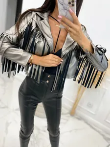 Chic metallic silver leather jacket with long fringe details for street fashion style