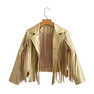Detailed shot of a metallic gold faux leather jacket with long decorative fringes
