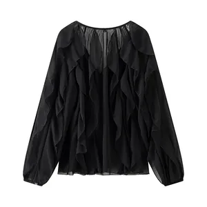 Elegant black chiffon blouse featuring cascading ruffles and sheer long sleeves design