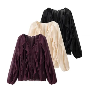 Women's V-Neck Single-Breasted Long Sleeve Ruffle Blouse Spring Layered Chiffon Shirt Top Elegant Casual Street Style Top