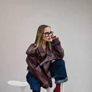 Dames Kunstleer Bikerjas Straat Trend Bourgondië Zwart Bruin Oversized Revers Riem Kort Lang Trenchcoat Top Bovenkleding