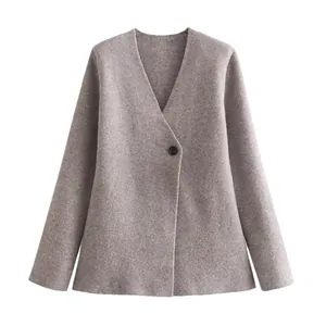Elegant taupe knit blazer jacket for women featuring a deep V-neck and single button