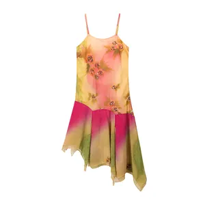 Vestido Largo Bohemio Gasa Estampado Floral Degradado Lentejuelas Bordado Dobladillo Irregular Tirantes Finos Elegante