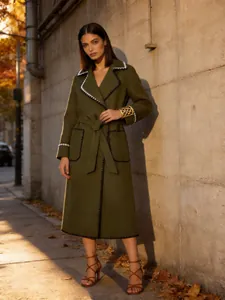 Cappotto in Lana Lungo da Donna Stile Britannico Con Finiture a Smerlo All'uncinetto Revers Manica Lunga Cintura Autunno Inverno