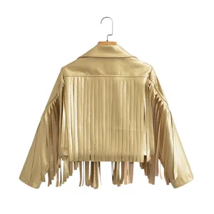 Back view of a gold faux leather jacket with stylish long fringe on a wooden hanger.