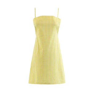 Full detail view of yellow and white gingham camisole A-line dress in cotton linen