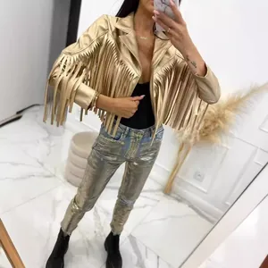 Women Western Street Style Metallic Faux Leather Jacket Long Fringe Tassel Biker Jacket Short Cropped PU Leather Top Coat