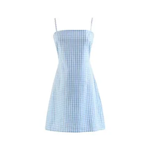 Blue and white gingham mini dress with spaghetti straps and A-line silhouette