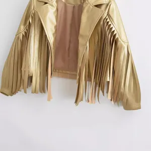 Metallic gold faux leather jacket with long fringe detailing for women