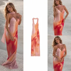 Damen Print Ärmelloses Schal Maxi Kleid V-Ausschnitt Slim Fit Patchwork Sommerkleid Polyester Langes Kleid Urlaub
