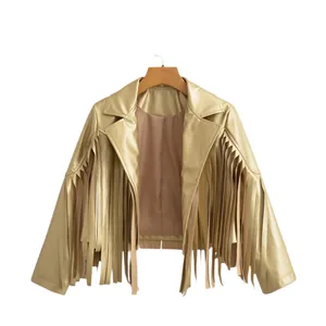 Trendy street fashion metallic gold faux leather jacket featuring long fringe details