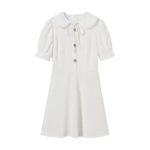 Elegant white mini dress featuring a detachable Peter Pan collar and sweet puff sleeves.