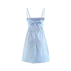 Rear detail of blue gingham A-line dress featuring stylish back cutout and bow tie