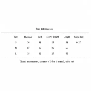 Detailed size chart for women's short sleeve single-breasted top with S, M, L dimensions.