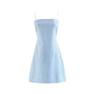 Elegant light blue and white gingham A-line sundress with delicate spaghetti straps