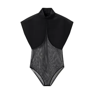 Dames Elegant Hoge Hals Mouwloos Mesh Patchwork Bodysuit Slim Fit Effen Zwart Romper Top 2025 Herfst Mode Sexy Leotard