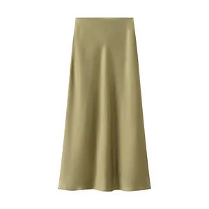 High-waist satin midi skirt with elegant olive green sheen and smooth texture.