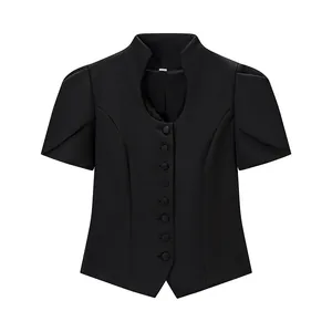 Elegant black short-sleeved slim fit top with stand-up collar and front button detail