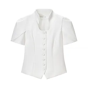 Elegant white puff sleeve button-up top with stand collar and delicate lace detail insert