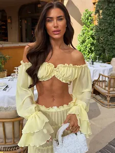 Sexy yellow off-shoulder ruffle crop top and tiered maxi skirt set for women
