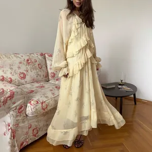 Vestido Maxi de Malla con Volantes y Cuello en V Estilo Francés Elegante Estampado Floral Manga Larga Ajustado para Mujer